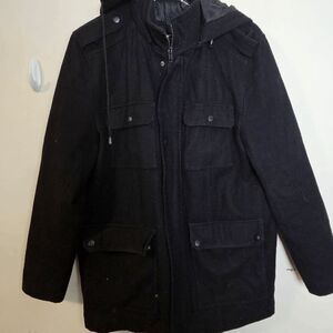 Structure Full Zip with Pockets Wool Hooded Peacoat Overcoat Jacket Men's Black